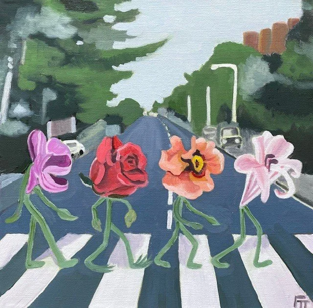 Oil painting of four flowers crossing a famous street