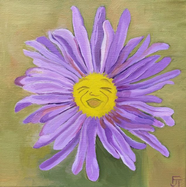 Oil painting of a laughing purple flower