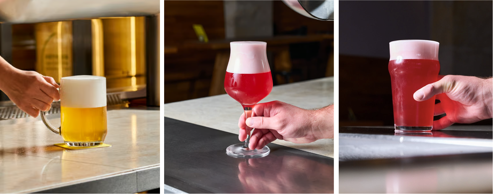 Three images of three different glasses at Pult. They include a lager mug on the left, a stemmed tulip glass in the middle, and a nonic on the right.