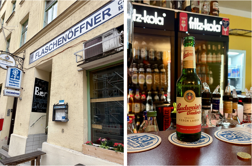 The Flaschenöffner Boazn inside and out, including an bottle of Budvar on the bar.