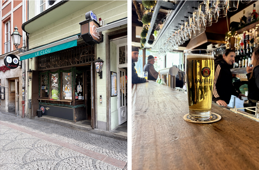 Le Clou inside and out including a glass of Paulaner on the bar.
