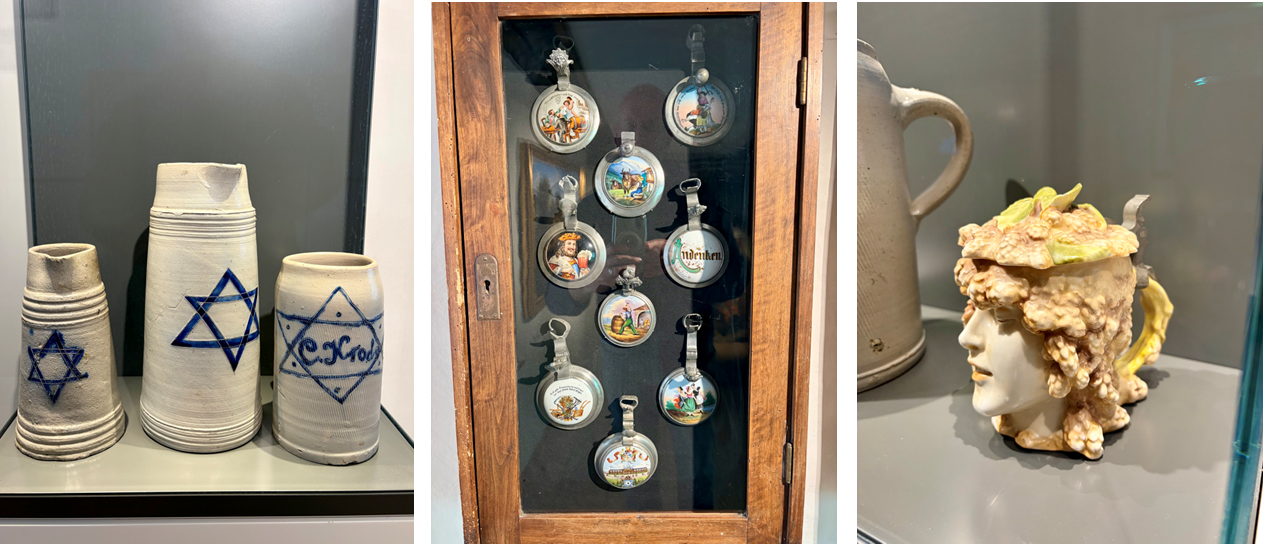 Three images included one with three stone mugs depicting the brewer's star, another with a display of drinkware lids, and a thirds with stone mugs of a woman with hop hair.