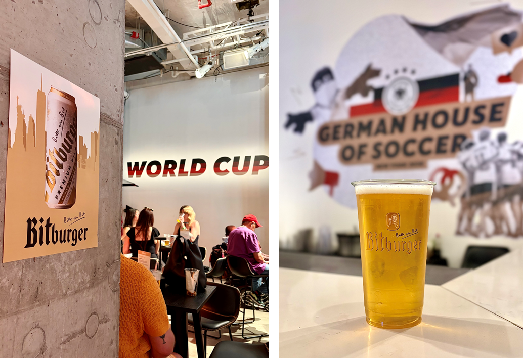 Two images from a Bitburger event at the German House of Soccer. The image on the lest includes a scene from the event, including a Bitburger poster. The other includes a Bitburger beer on a bar.