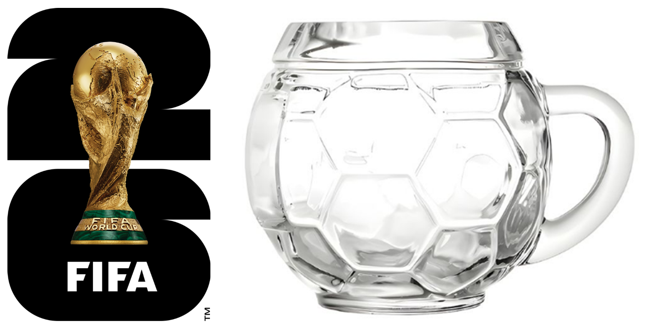 2026 FIFA World Cup image and soccer ball beer mug.