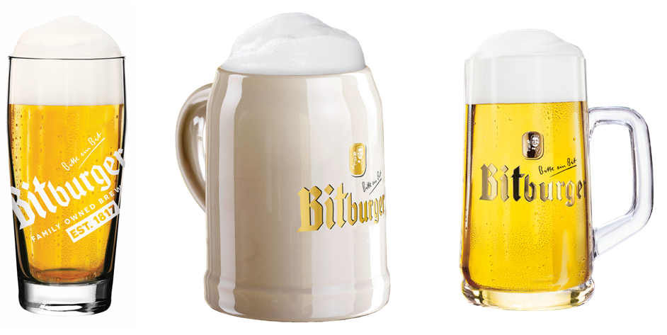 Three other drinkware options from Bitburger, including a Willi Becher, a Keferloher Stein and a glass mug.