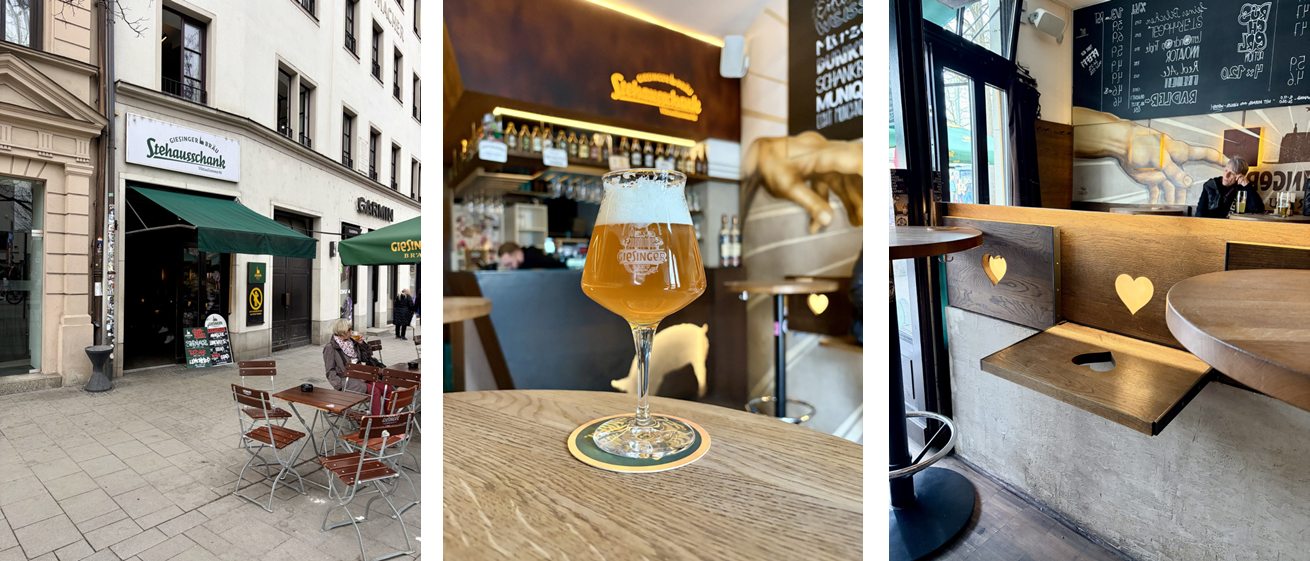 Images of the Giesinger Bräu - Stehausschank Viktualienmarkt, including a beer in a Teku glass and seating that folds out from a wall.