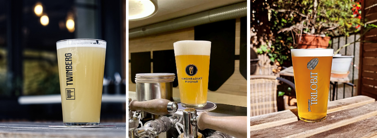 Three shaker pints. On the left, one from Twinberg, Vinohradský in the middle, and Trilobit on the right.