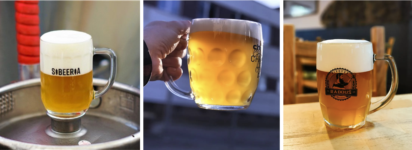 Three differrent lager mugs, including a Prag mug used by Siberia, a Praha mug used by Chroust and the Bamberg mug used by Radous.