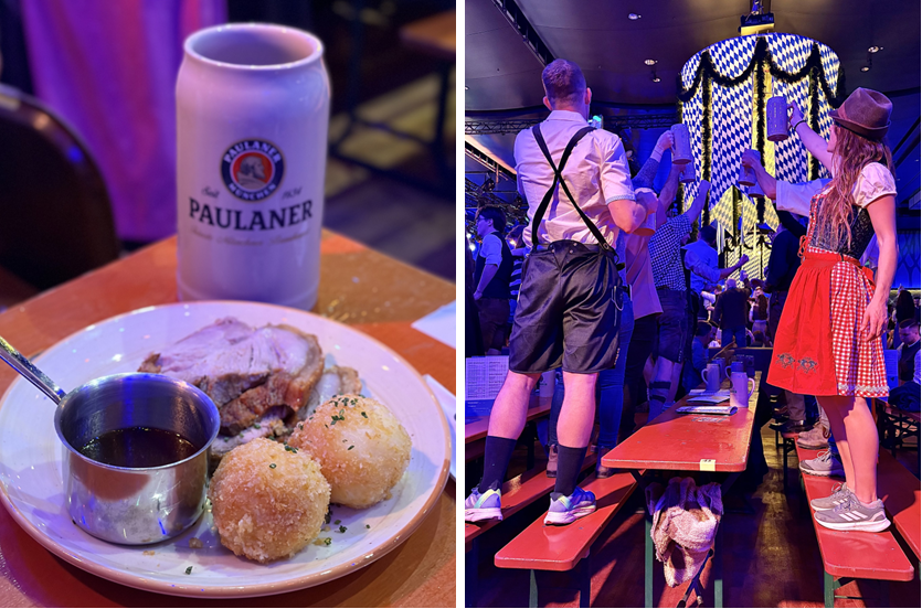 Two image from Starkbierfest at Paulaner. One with a stein and a plate of food. The other with revelers standing on benches and hoisting steins in the air.