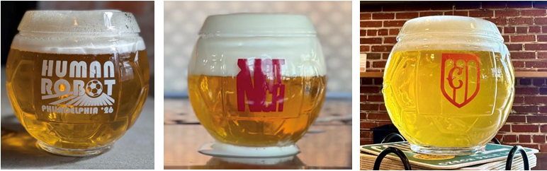 Three soccer ball beer mugs by Human Robot, Notch and Cohesion.