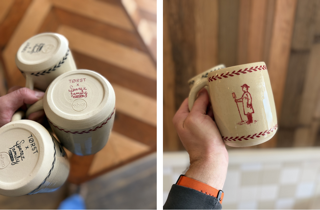 Two images show mugs. One has the logo for Tørst and Suarez Family Brewery. The other depicts a brewer holding a mash tun paddle.
