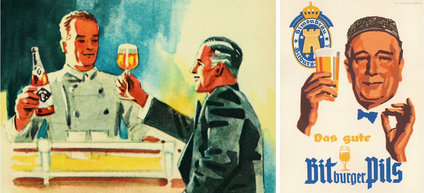 Two historic adverstising images of Bitburger, each including glassware.