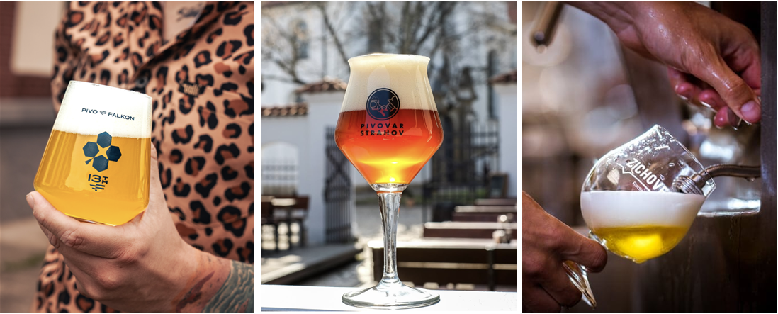 Three beer glasses from Czech breweries. On the left a modern tumbler by Pivo Falkon. In the middle, a tall, stemmed tulip glass by Pivovar Strahov. On the right, a more stout tulip glass by Pivovar Zichovec.