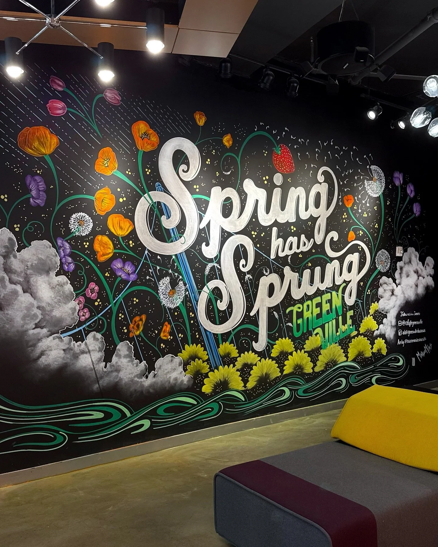 Sprang gang! Growing into Spring with this chalk wall update for @aloftgreenville 🎨🍓 Didn&rsquo;t mean to manifest more pollen while drawing it but you know I love my poppies 🤗 Check it out in person through the hotel lobby 

#muralart #muralist #