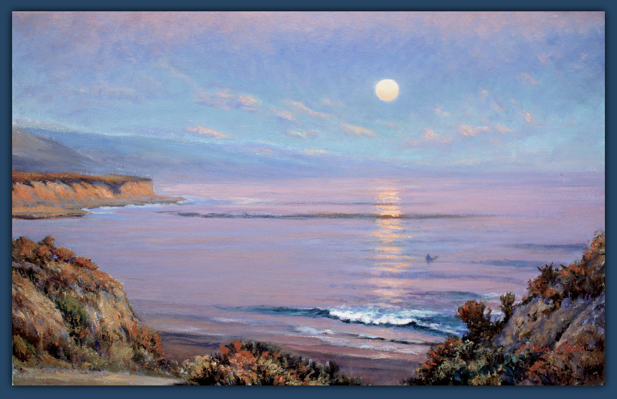 August Surf, Hunter Moonrise, oil, by Thomas Van Stein
