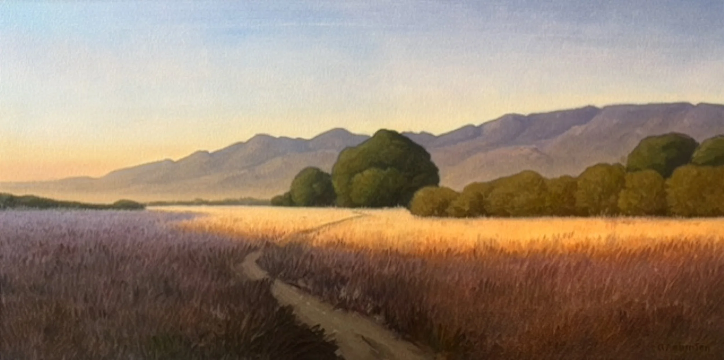  Golden Hour - More Mesa, #86  SOLD   Oil on canvas, 16x32 inches unframed, 20x36 inches framed, $5,000.00 