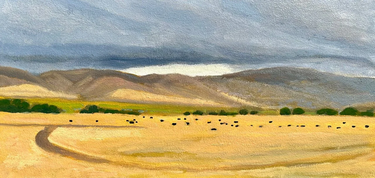  Cattle Field - Spanish Ranch, #64  Oil on board, 10x20 inches unframed, 13x23 inches framed, $1,200.00 