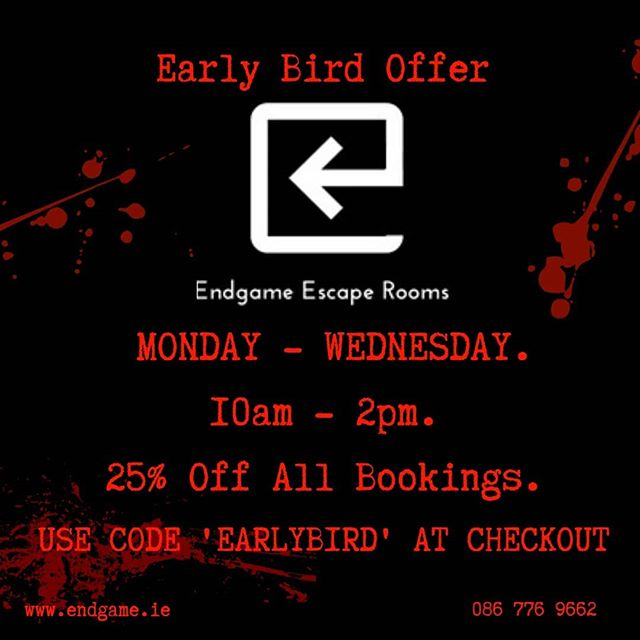 The early bird gets the worm 🐦 Use discount code 'EARLYBIRD' to save yourself some money on bookings! Visit www.endgame.ie to book your escape now!

#escaperoom #dublin #endgame #lovindublin #teambuilding #fun #endgameescaperooms #discount #deal #ir