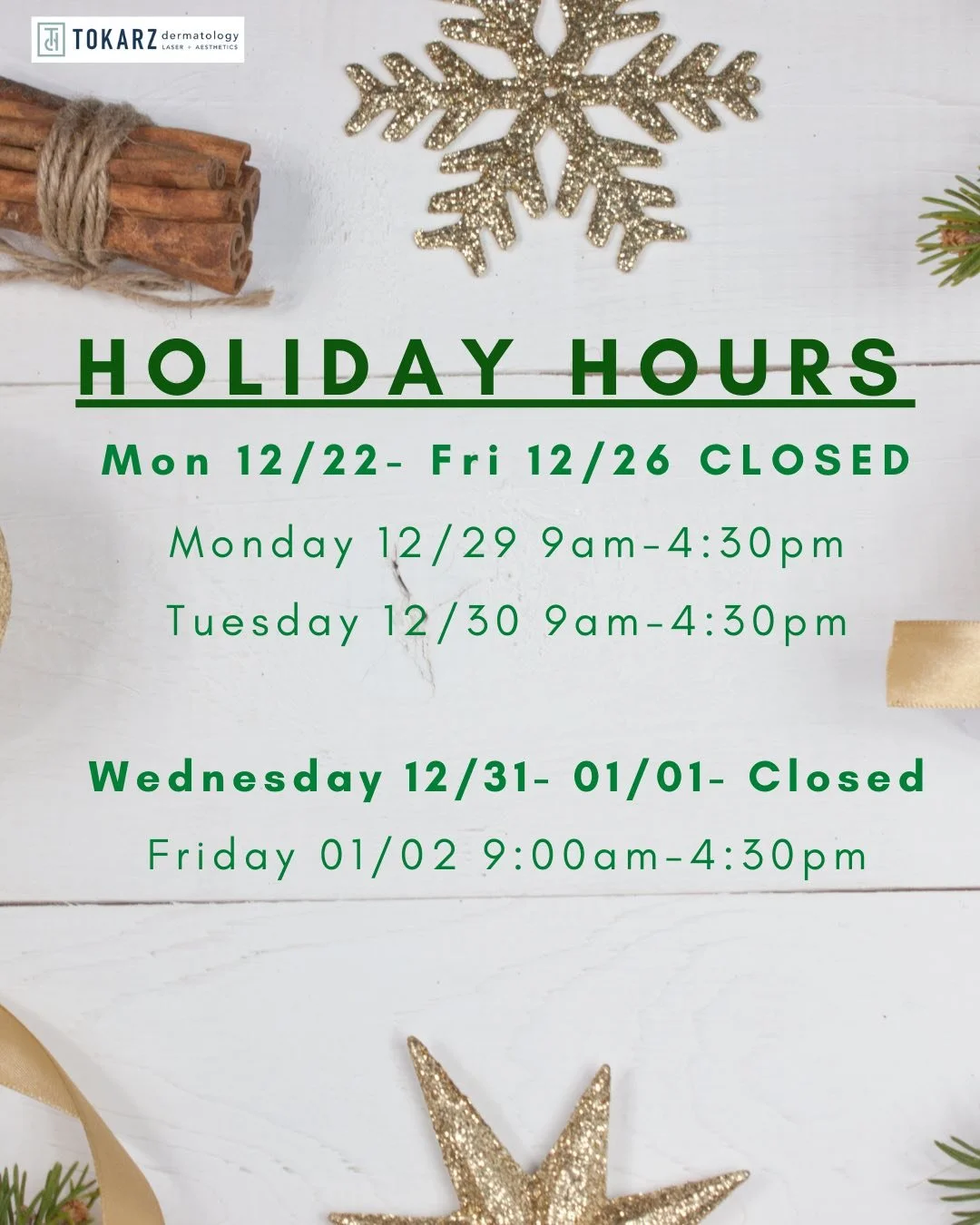 The Tokarz Team will be OFF  Christmas Week!  If you are looking for some stocking stuffers or Gift Card, Stop In before 12/19! 

#stockingstuffers
#tokarzdermatology
#giftcard