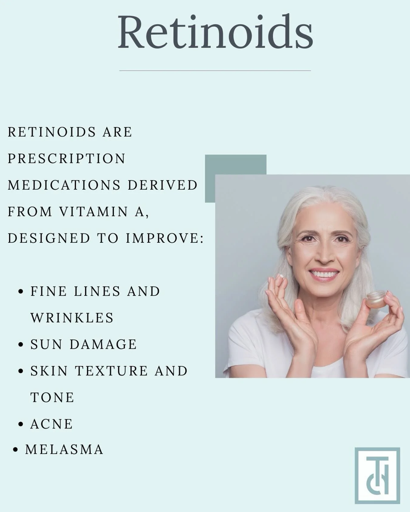 ✨ Retinoids, Elevated. ✨

At Tokarz Dermatology, we believe retinoids aren&rsquo;t one-size-fits-all &mdash; that&rsquo;s why Dr. Tokarz offers custom compounded formulations tailored to your skin.

Prescription-strength retinoids help:

Smooth fine 