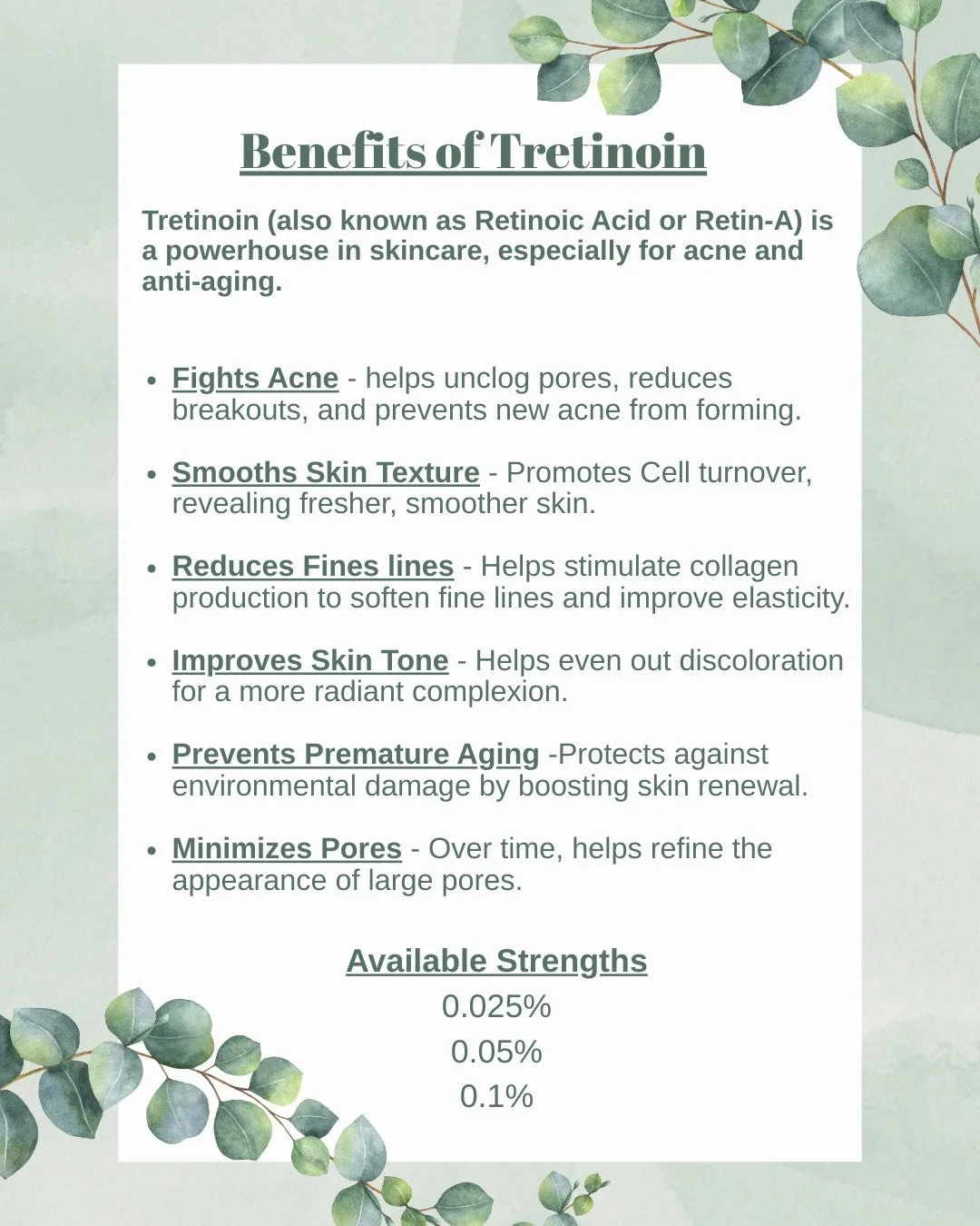 Do you know that Tretinoin is highly recommended by dermatologists as an effective tool for anti-aging purposes? We carry all strengths here at Tokarz Dermatology.