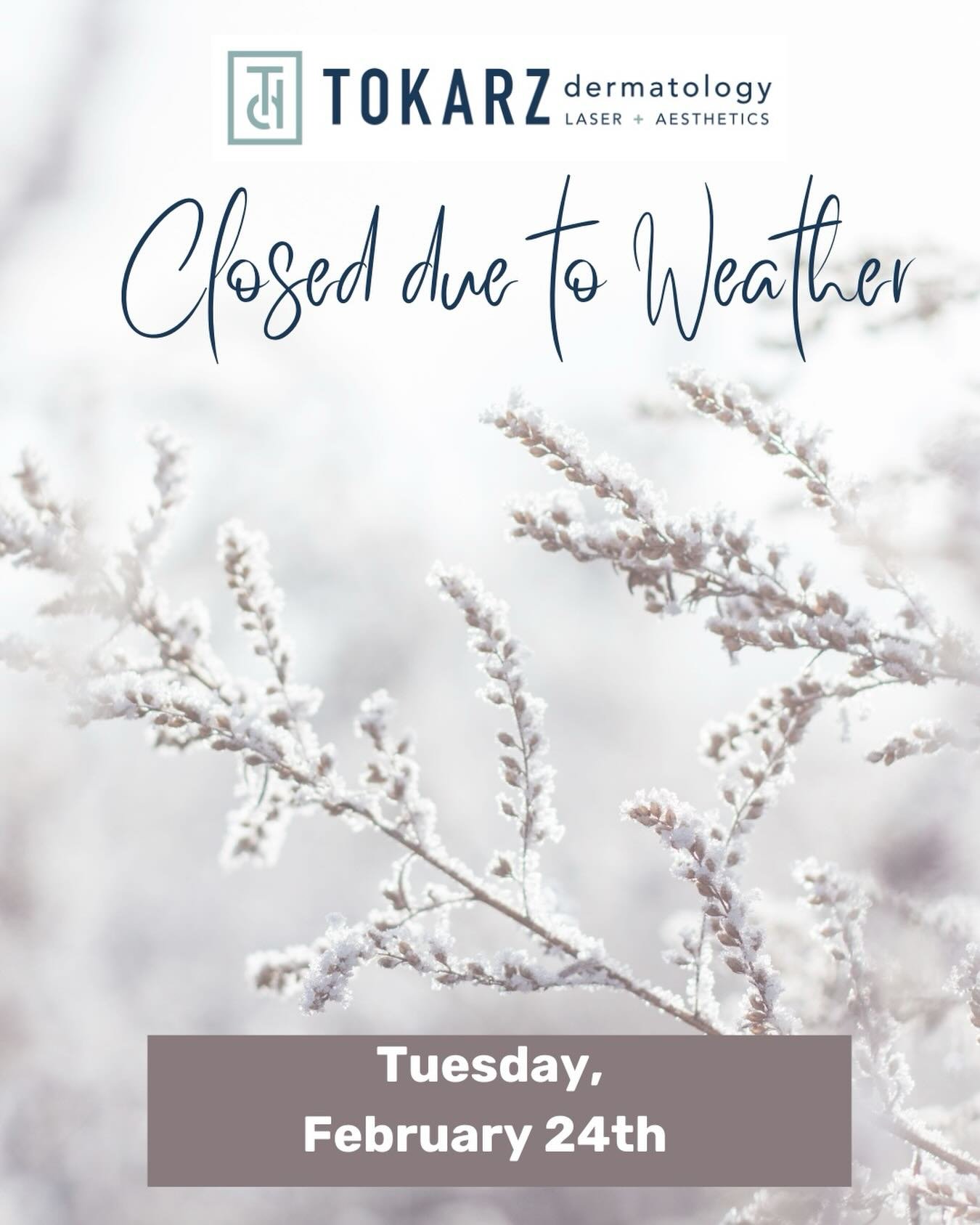 Weather Closure Notice ❄️

Out of an abundance of caution due to the storm, Tokarz Dermatology will be closed today, Tuesday, 2/24.  Thank You and Stay Safe Everyone!