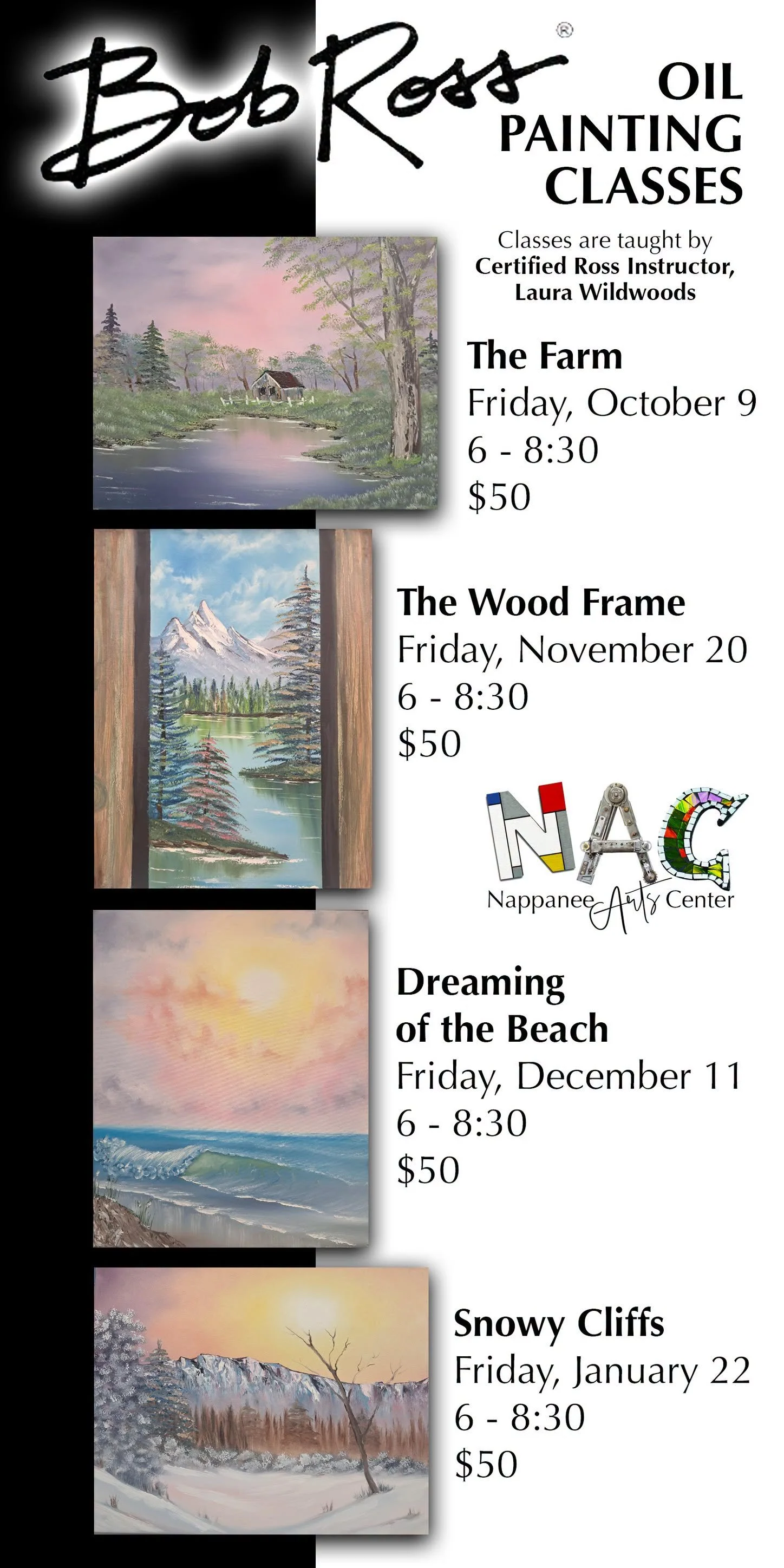 Nappanee Arts Center Bob Ross Oil Painting Class- Snowy Cliffs
