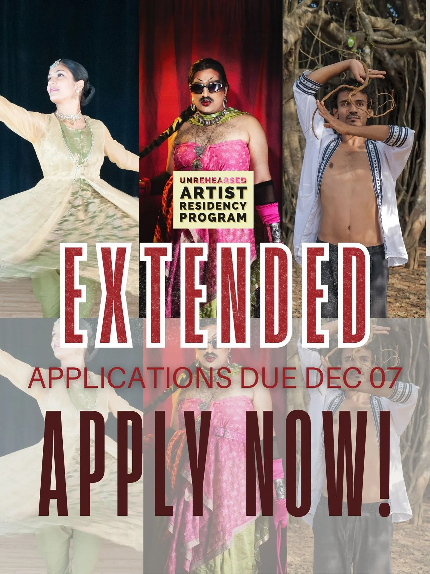 Application deadline extended to Dec 7th!

The Unrehearsed (Virtual) Artist Residency Program is looking to award $1500 up to 6 residents. We aim to fund and support the creation of new dance work by artists who are often not represented in conventio