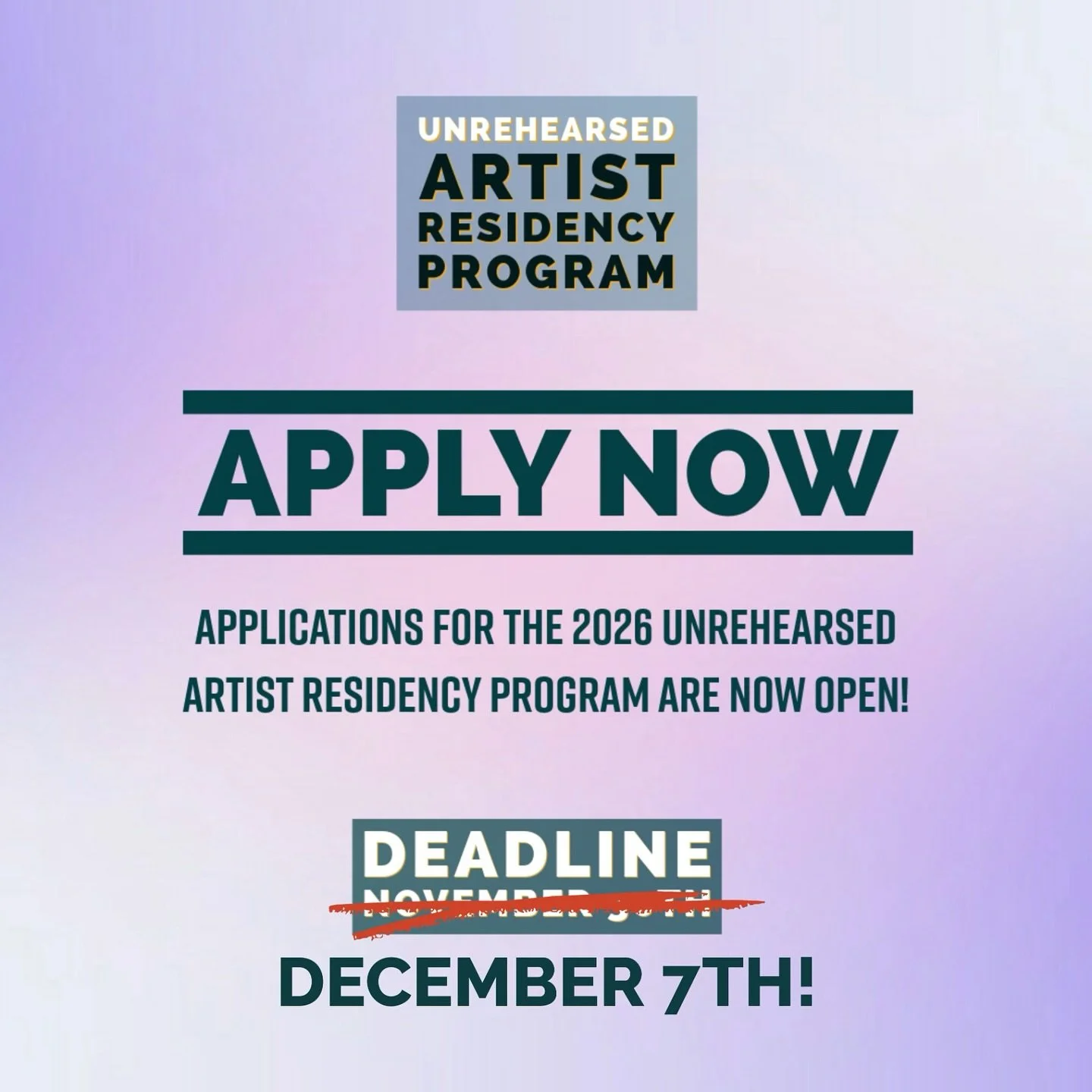 Application deadline extended to Dec 7th!

The Unrehearsed (Virtual) Artist Residency Program is looking to award $1500 up to 6 residents. We aim to fund and support the creation of new dance work by artists who are often not represented in conventio