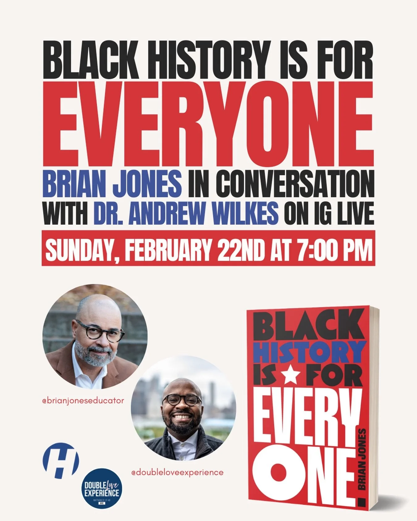 Meet us on IG Live, February 22nd at 7pm! 

Our co-pastor @andrewjwilkes will be in conversation with @brianjoneseducator author of the instant classic, Black History Is For Everyone. 

Fun fact: both Brian Jones and Pastor Andrew completed their PhD