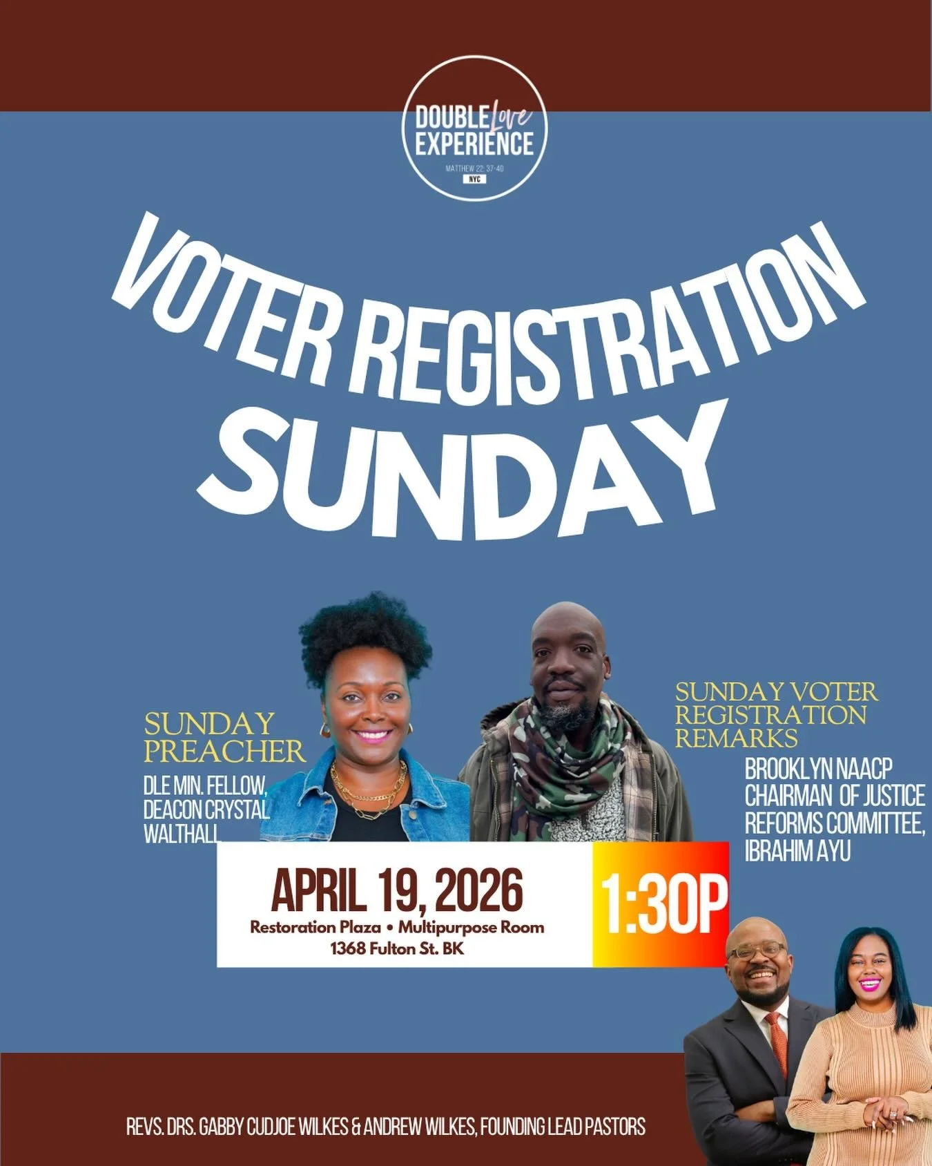 This Sunday is #VoterRegistration Sunday at Double Love. Our guest preacher is our own, Deacon Crystal Walthall. Deacon Crystal is our current #DLEMinisterialFellow. This will be her FIRST TIME preaching at Double Love. Let&rsquo;s show our dynamic m