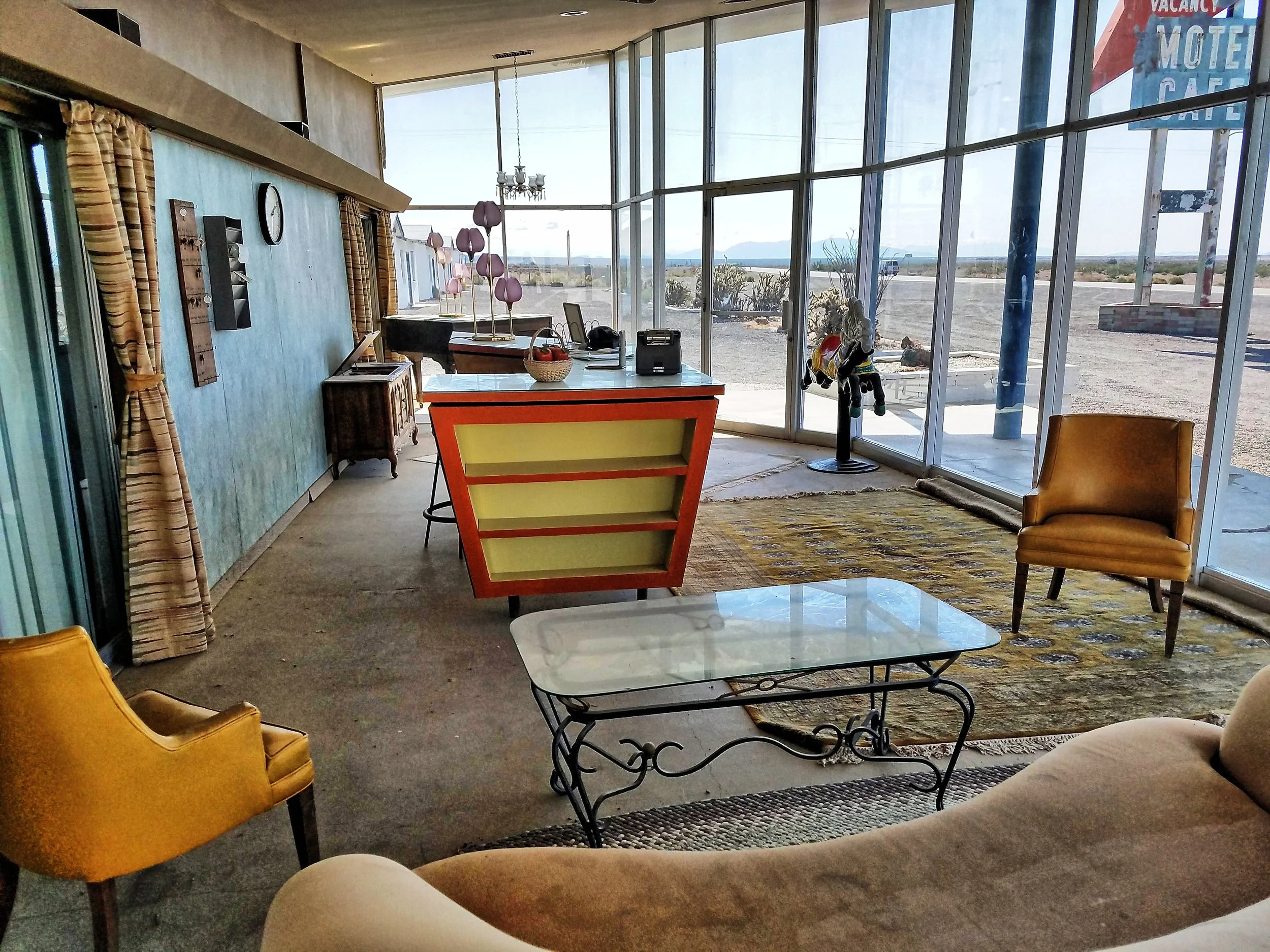 Photo taken inside the guest reception office. Because we are constantly gaining new Route 66 and Amboy merchandise, apparel, and collectible souvenirs, we plan on remodeling the interior of the guest reception office and relocating the gift shop inside.