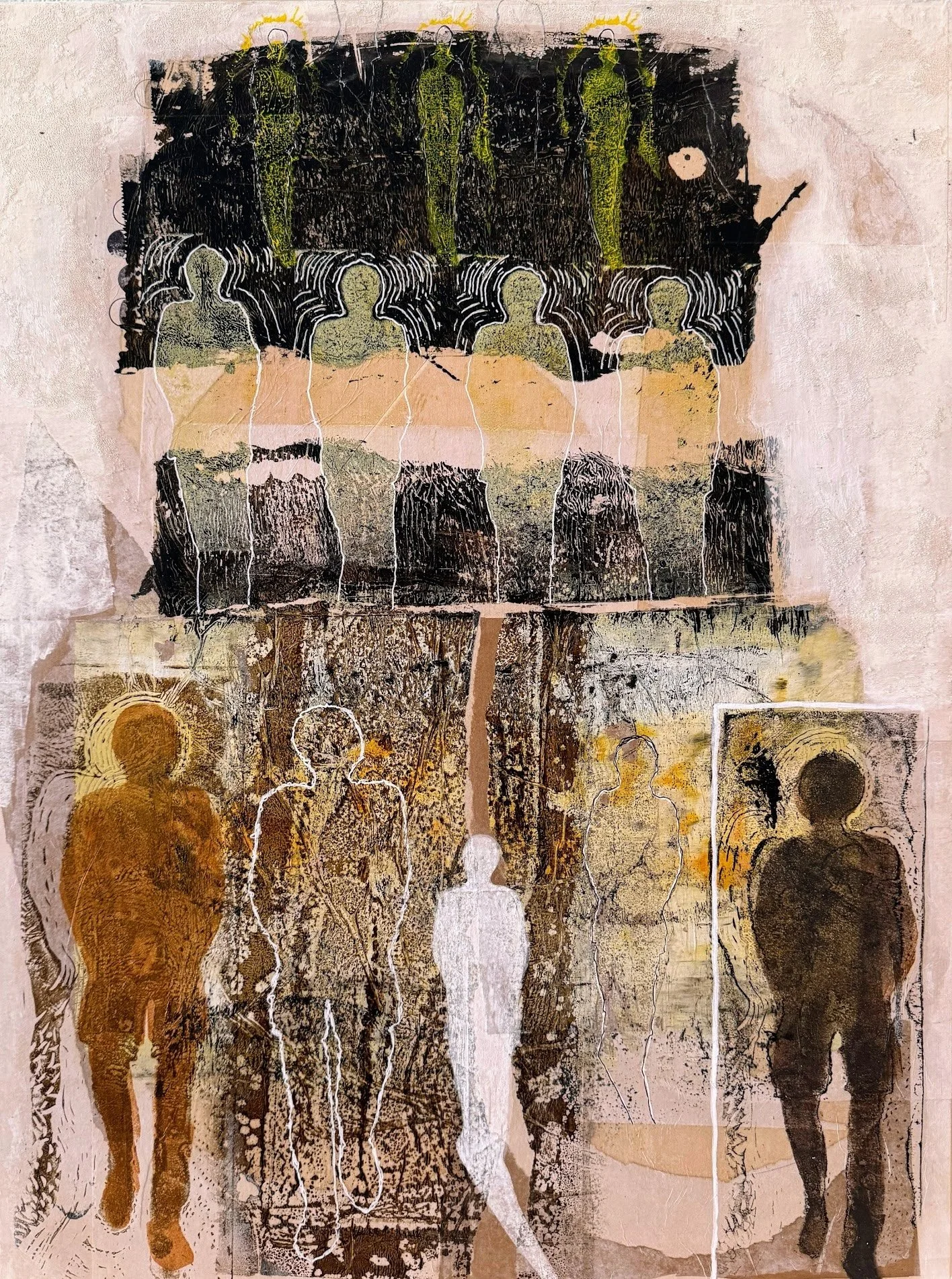 constraints of time, 18 x 24, printmaking collage on panel