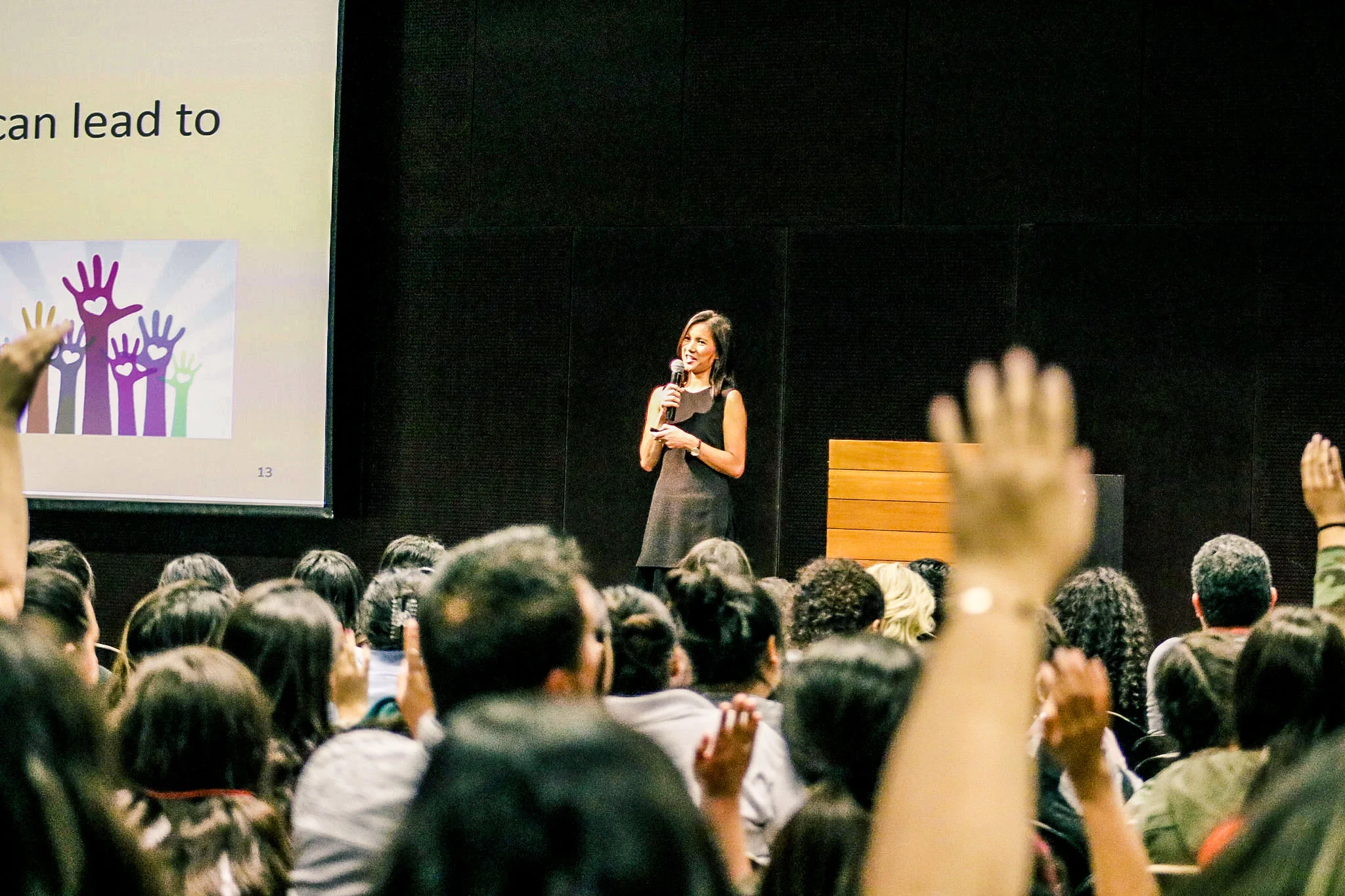 Thao Ha speaking in front of the ASU Hispanic Mother-Daughter Program. Photo credit: Spencer Brown, EOSS Marketing
