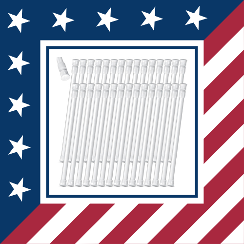 Set of ten clear plastic syringes with caps and one additional cap, placed against a patriotic American flag-themed background.