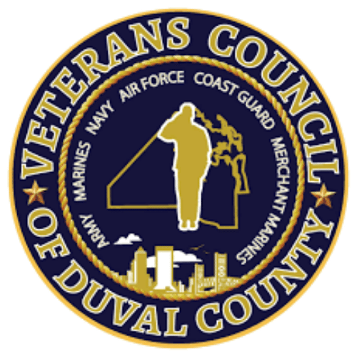Seal of the City of DeVual County featuring a silhouette of a firefighter holding a hose, surrounded by the names of military branches, and a city skyline at the bottom.