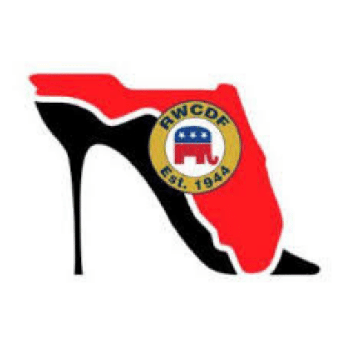 A high-heeled shoe with the design of the Florida state map, featuring the RWCF logo and an American flag motif.