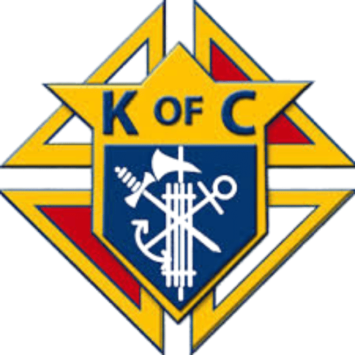 Emblem with a yellow star and a blue shield featuring a caduceus, a sword, and a key, with the text 'K of C' at the top.