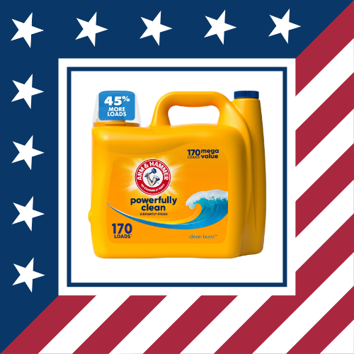 A yellow bottle of Arm & Hammer Powerful Clean laundry detergent with a wave graphic on the label, surrounded by a patriotic American flag-themed border.