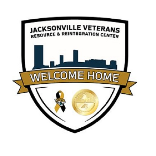 Jacksonville Veterans Resource & Reentry Center shield logo with city skyline, a gold ribbon that says "Welcome Home," a black and gold ribbon with a gold star medal, and a gold circular emblem.