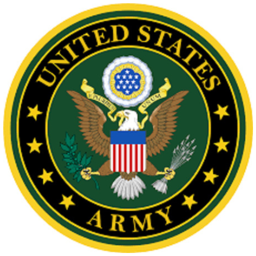 United States Army official seal featuring an eagle with outstretched wings holding arrows and an olive branch, with a shield on its chest and a blue circle with stars above its head, on a green background with yellow and black border.