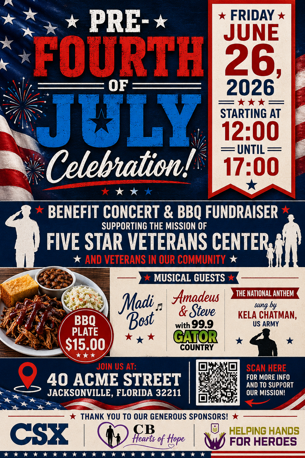 A patriotic poster advertising a July 4th celebration in Jacksonville, Florida, featuring fireworks, an American flag, a BBQ plate, live music, and veterans support.