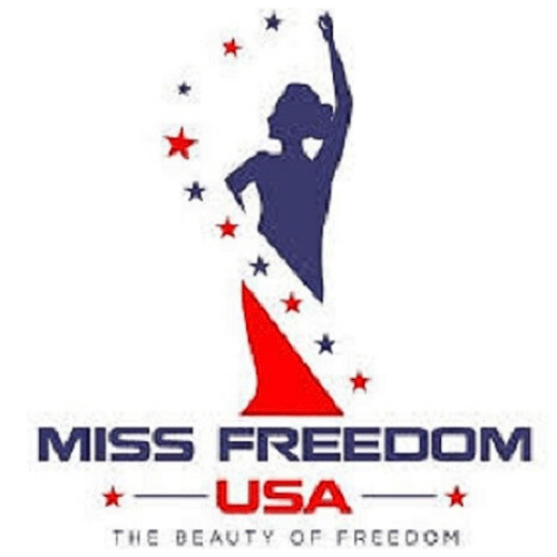 Silhouette of a woman with one arm raised, surrounded by red and blue stars, with the text "Miss Freedom USA" and the motto "The Beauty of Freedom."