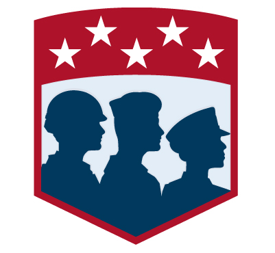 Silhouettes of three soldiers in front of a red shield with five white stars at the top.