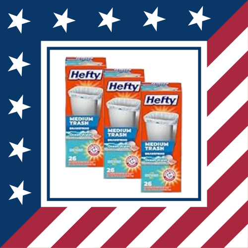Three boxes of Hefty medium trash bags with 26 bags each, arranged in front of an American flag-themed background.