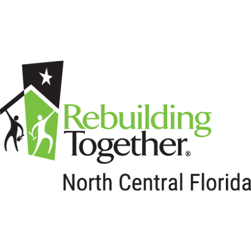 Logo for Rebuilding Together North Central Florida, featuring black, green, and white colors, with a house and two abstract figures.