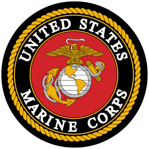 United States Marine Corps emblem with a red background, featuring an eagle perched on a globe with an anchor, surrounded by a black and gold braided border.