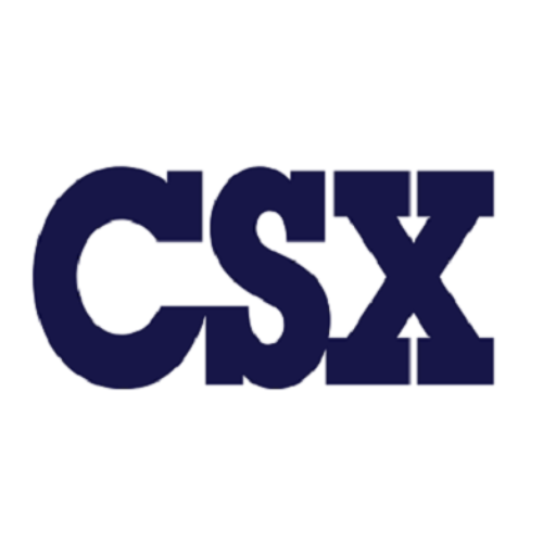 Logo with the text 'CSX' in bold dark blue letters, with arrows pointing up and down inside the letter 'X'.