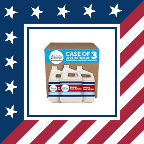 Box of manufacturer's sanitizer refill bottles with patriotic American flag border.