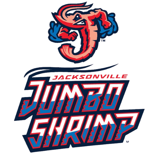 Jacksonville Jumbo Shrimp logo featuring a stylized red shrimp with a face and fins, above the team name in bold red and blue letters.